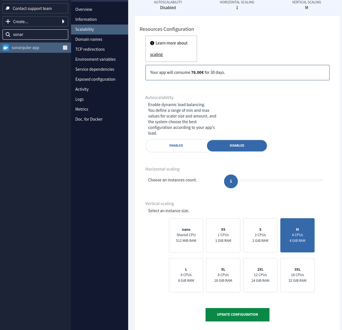 L’application avec la taille d’instance M
