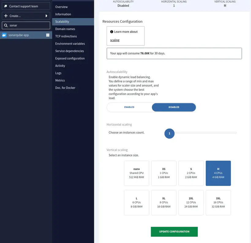 L’application avec la taille d’instance M