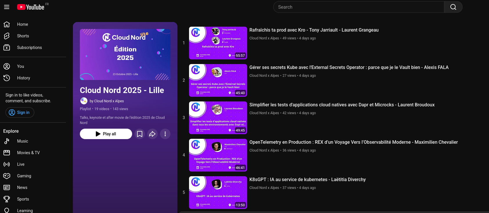 Screenshot de la playlist youtube de Cloud Nord 2025