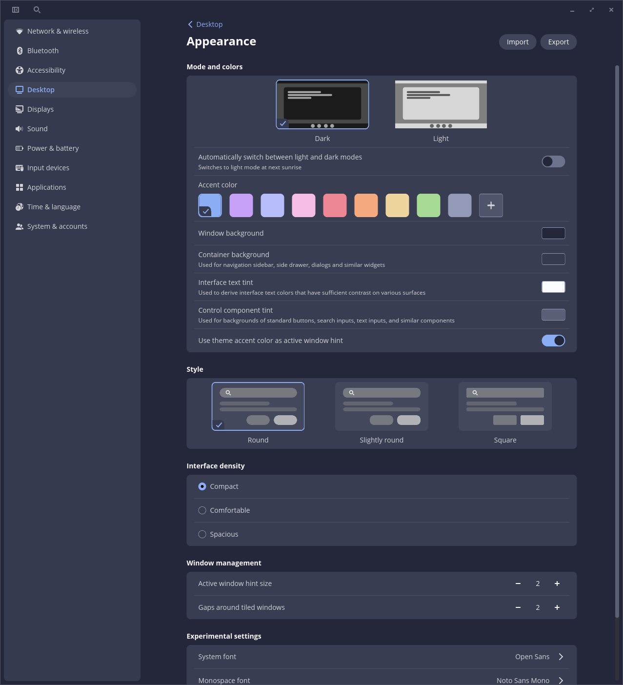Fenêtre de personnalisation du thème