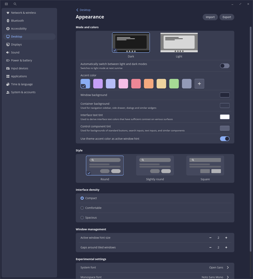 Fenêtre de personnalisation du thème