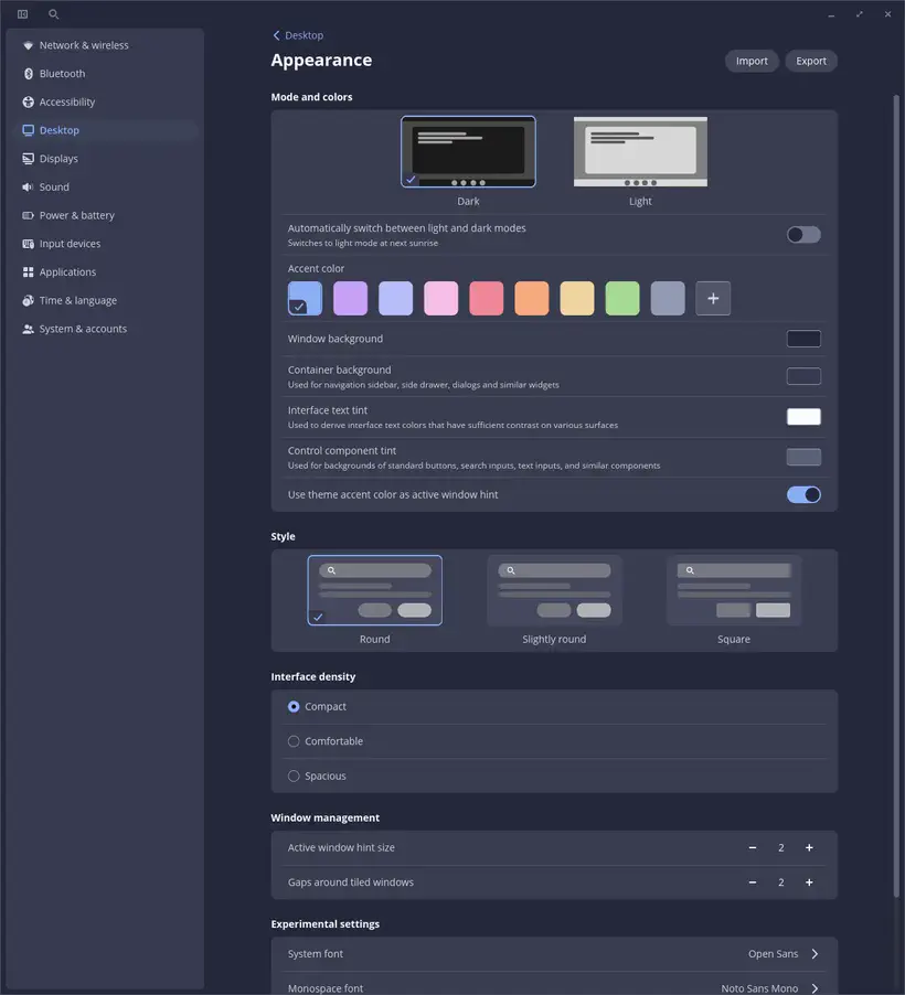 Fenêtre de personnalisation du thème