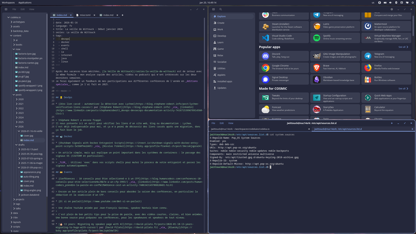 COSMIC Text Editor à gauche, avec quelques onglets ouverts, COSMIC Store et COSMIC Terminal en bas