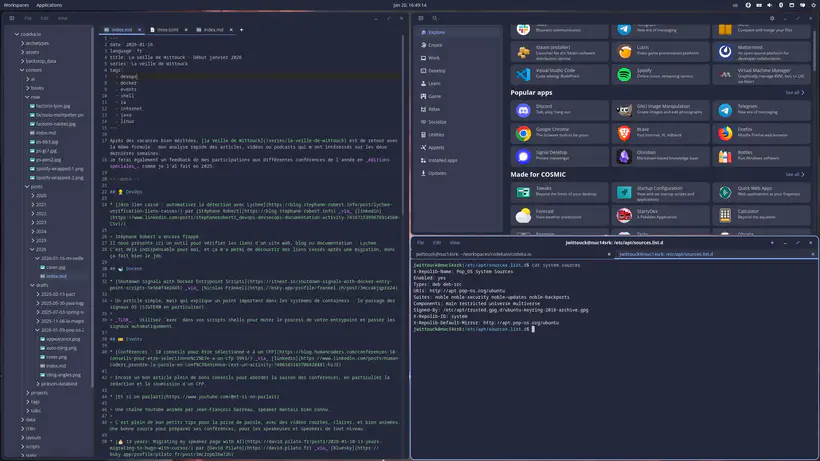 COSMIC Text Editor à gauche, avec quelques onglets ouverts, COSMIC Store et COSMIC Terminal en bas COSMIC Text Editor à gauche, avec quelques onglets ouverts, COSMIC Store et COSMIC Terminal en bas