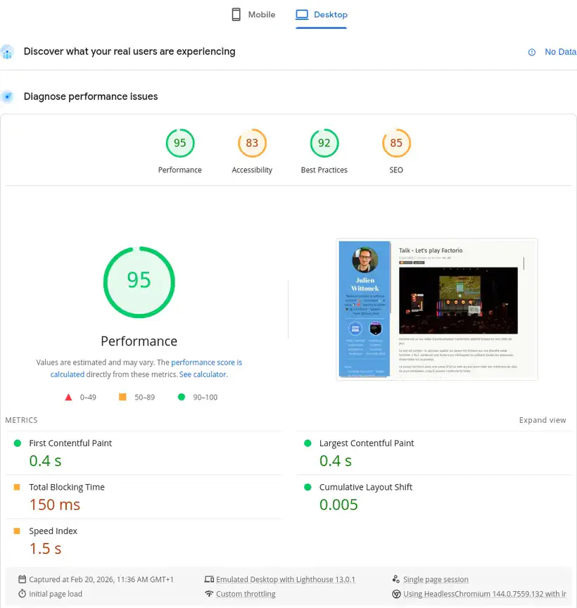 Score Lighthouse sur desktop pour une autre page