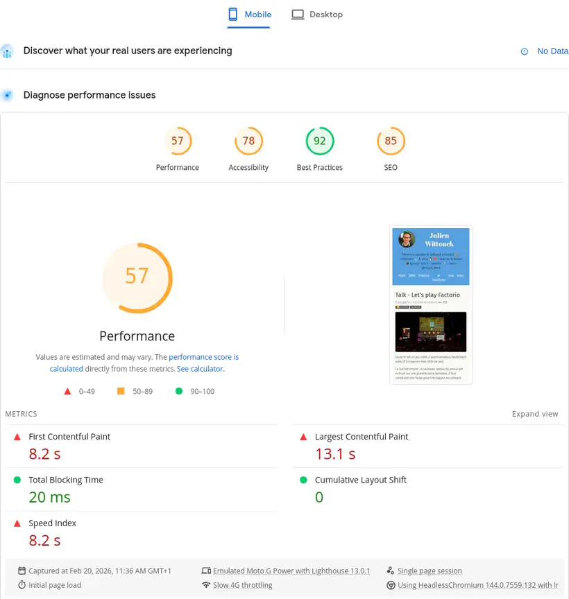Score Lighthouse sur mobile pour une autre page