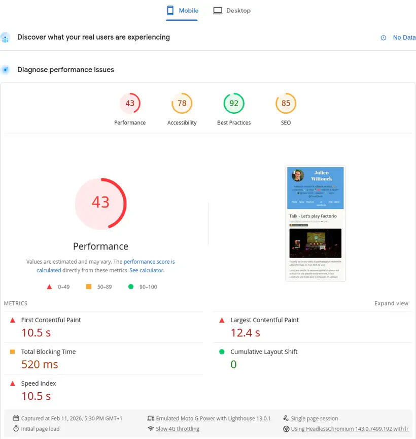 Score Lighthouse sur mobile pour une autre page