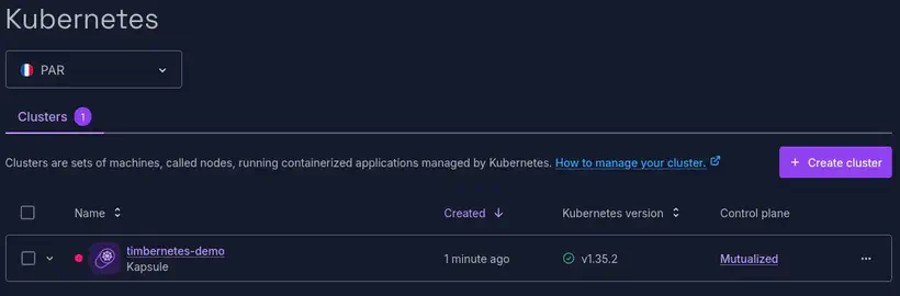 Console Scaleway : Cluster en cours de création