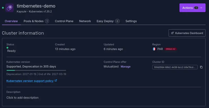 Console Scaleway : Cluster Kubernetes opérationnel