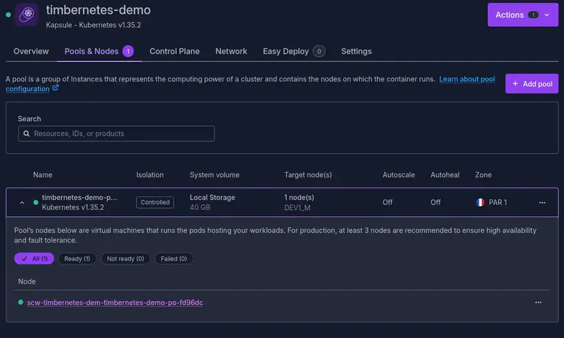 Console Scaleway : Pool de nœuds opérationnel