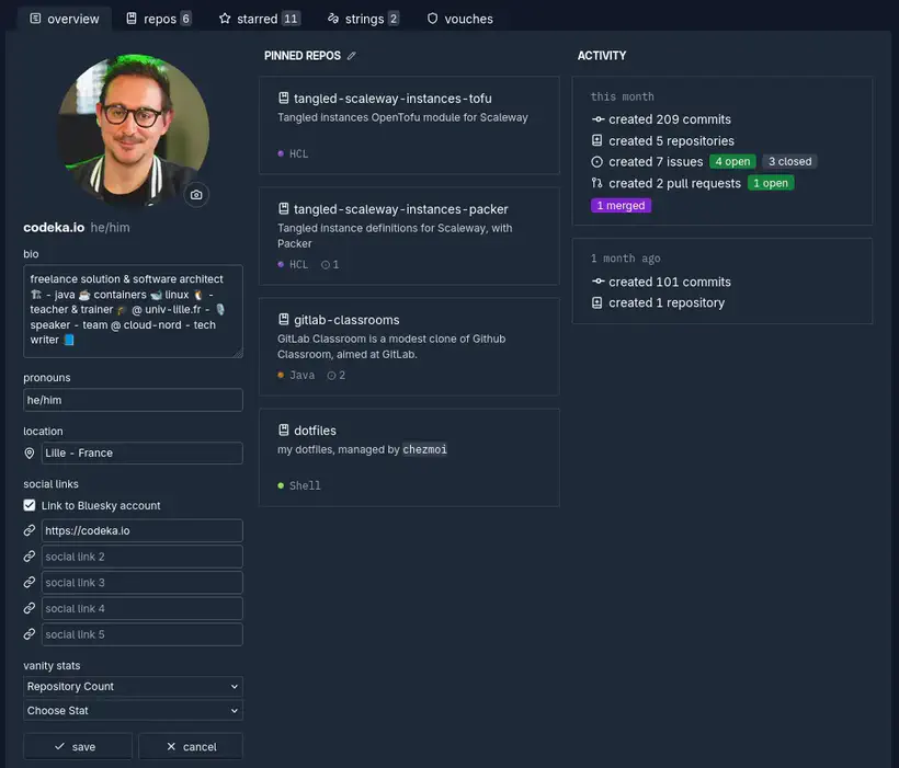 La page de configuration du profil