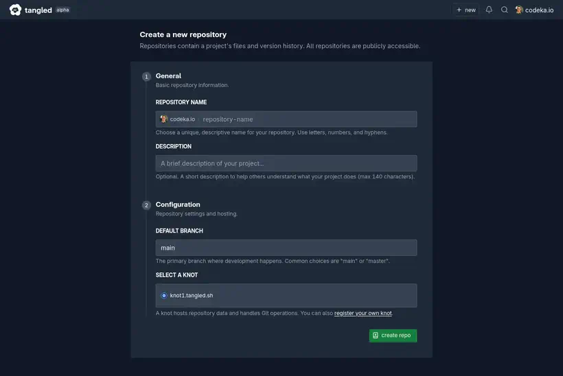 Formulaire de création d’un repo